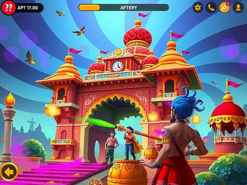 Holi Fantasy Ride gameplay showing color battle and festival quest